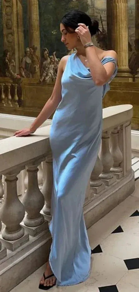 Elegant Sheath One-Shoulder Sleeveless Draped Light Blue Floor-Length Prom Dress for Women