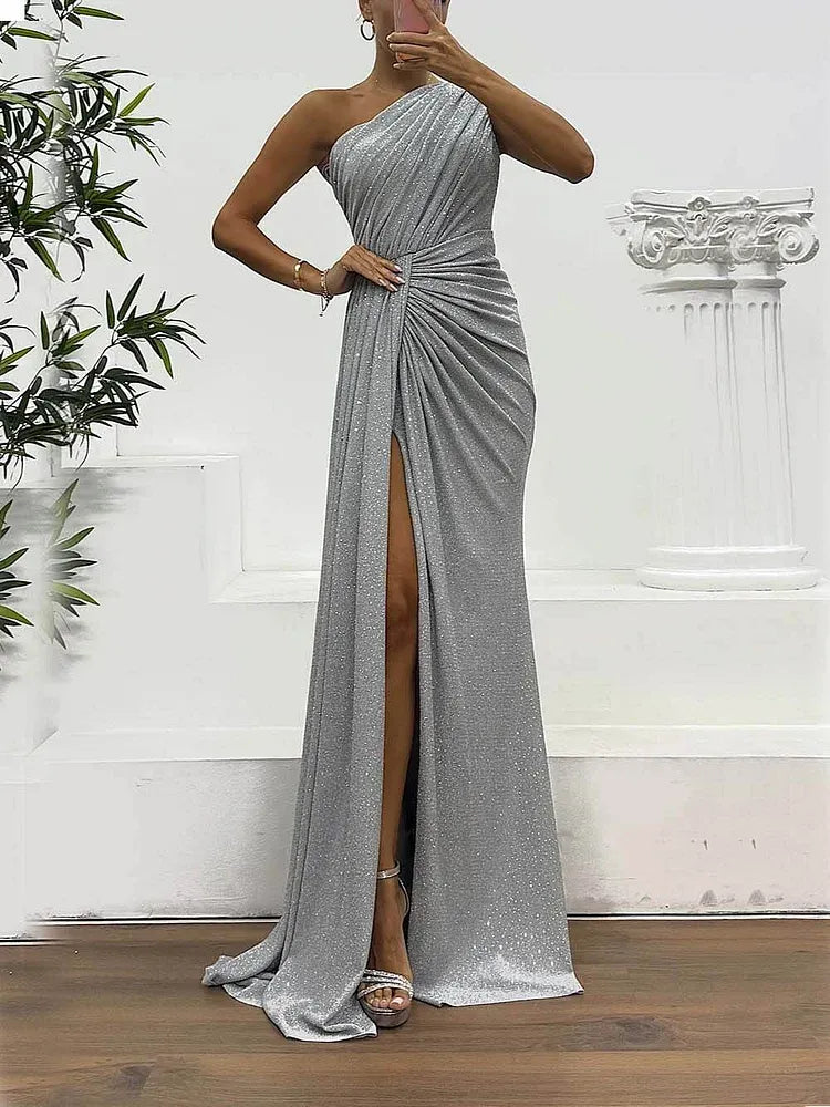 Elegant Sheath One-Shoulder Sleeveless Sequins Slit Floor-Length Evening Dress