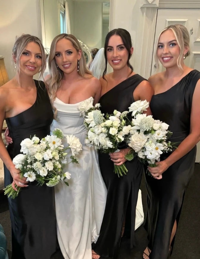 Elegant Sheath One Shoulder Satin Black Long Bridesmaid Dress With Slit