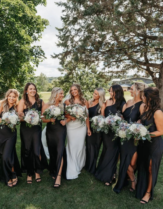 Elegant Sheath One Shoulder Satin Black Long Bridesmaid Dress With Slit