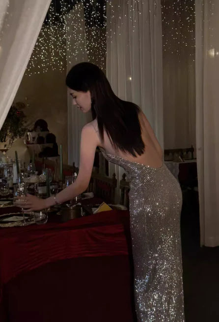 Elegant Sheath Open Back Sequin Silver Long Evening Dress Party Dress