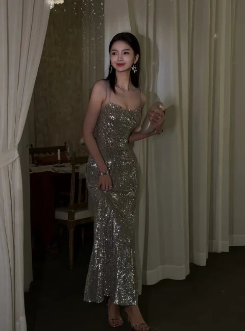 Elegant Sheath Open Back Sequin Silver Long Evening Dress Party Dress