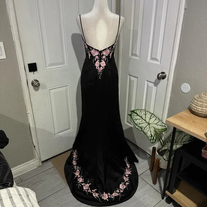 Elegant Sheath Pink Floral Evening Dress Satin Black Long Party Dress
