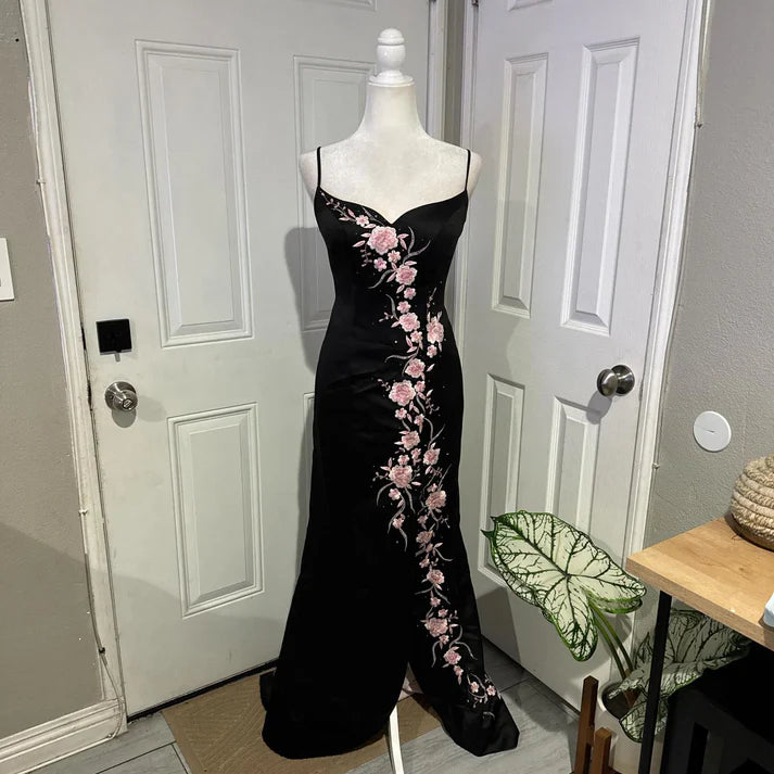 Elegant Sheath Pink Floral Evening Dress Satin Black Long Party Dress