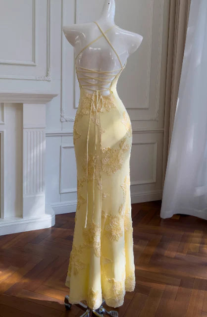 Elegant Sheath Spaghetti-Strap Applique Chiffon Yellow Evening Dress
