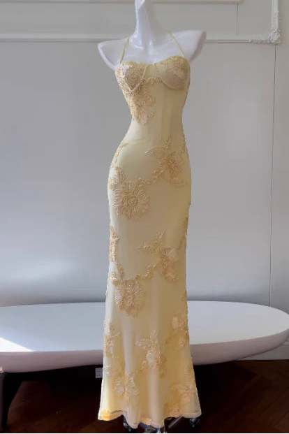 Elegant Sheath Spaghetti-Strap Applique Chiffon Yellow Evening Dress