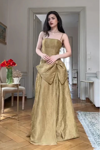 Elegant A-Line Spaghetti Strap Bow Jacquard Satin Yellow Long Evening Dresses