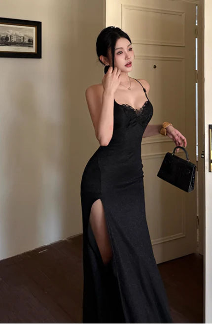 Elegant Sheath Spaghetti Strap Butterfly Satin Black Evening Dress With Slit