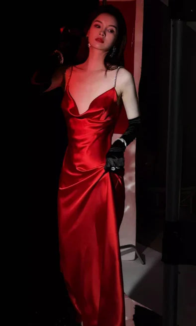 Elegant Sheath Spaghetti Strap Satin Burgundy Long Evening Dress Party Dress