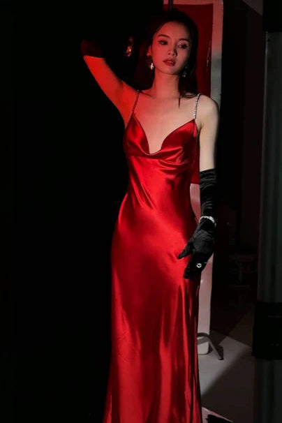 Elegant Sheath Spaghetti Strap Satin Burgundy Long Evening Dress Party Dress