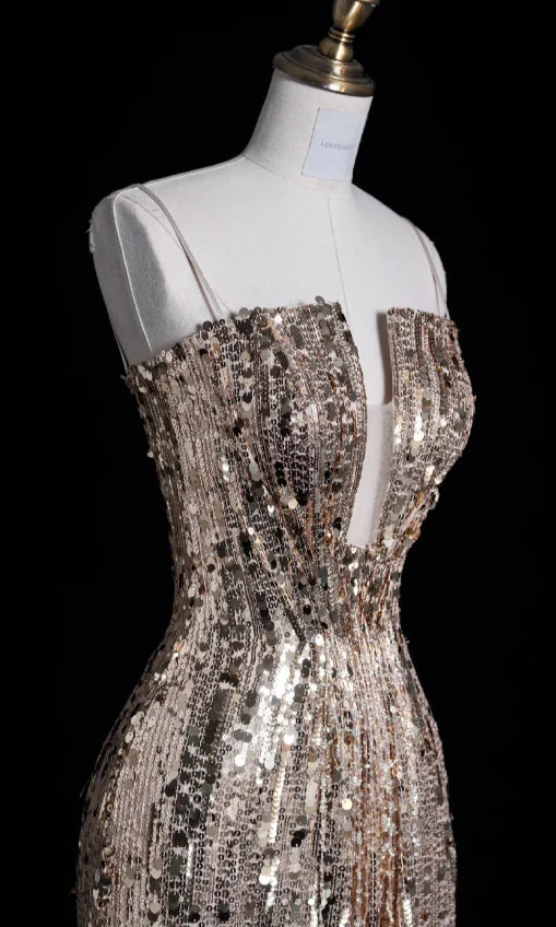 Elegant Sheath Spaghetti Strap Sequins Champagne Long Prom Dresses Evening Dresses