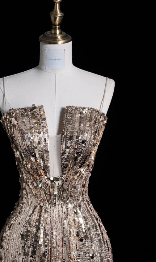 Elegant Sheath Spaghetti Strap Sequins Champagne Long Prom Dresses Evening Dresses