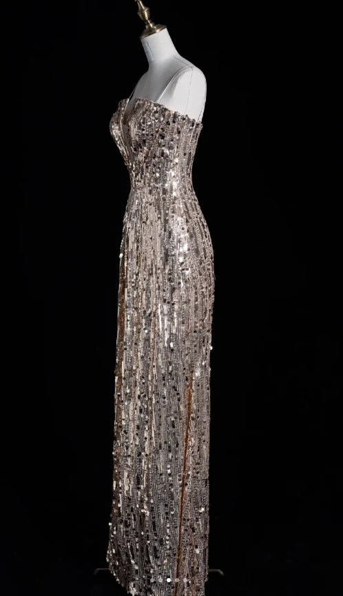 Elegant Sheath Spaghetti Strap Sequins Champagne Long Prom Dresses Evening Dresses