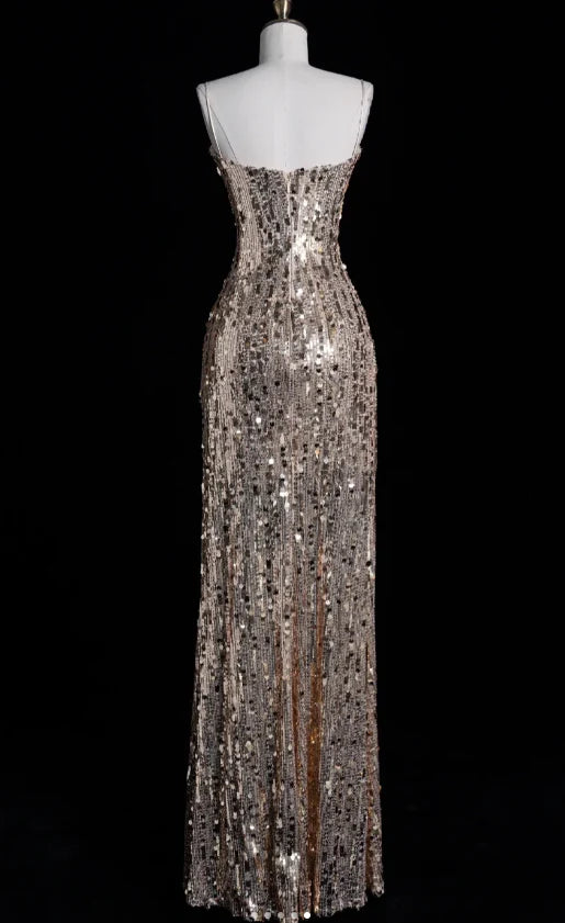 Elegant Sheath Spaghetti Strap Sequins Champagne Long Prom Dresses Evening Dresses