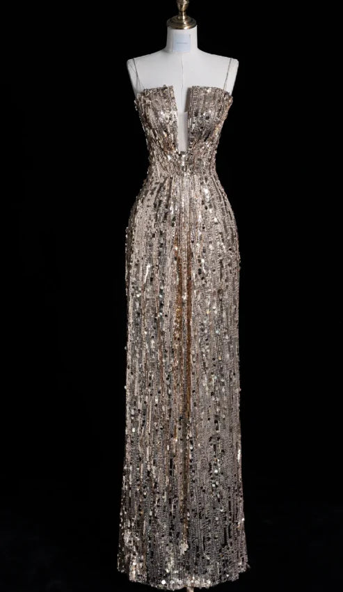 Elegant Sheath Spaghetti Strap Sequins Champagne Long Prom Dresses Evening Dresses