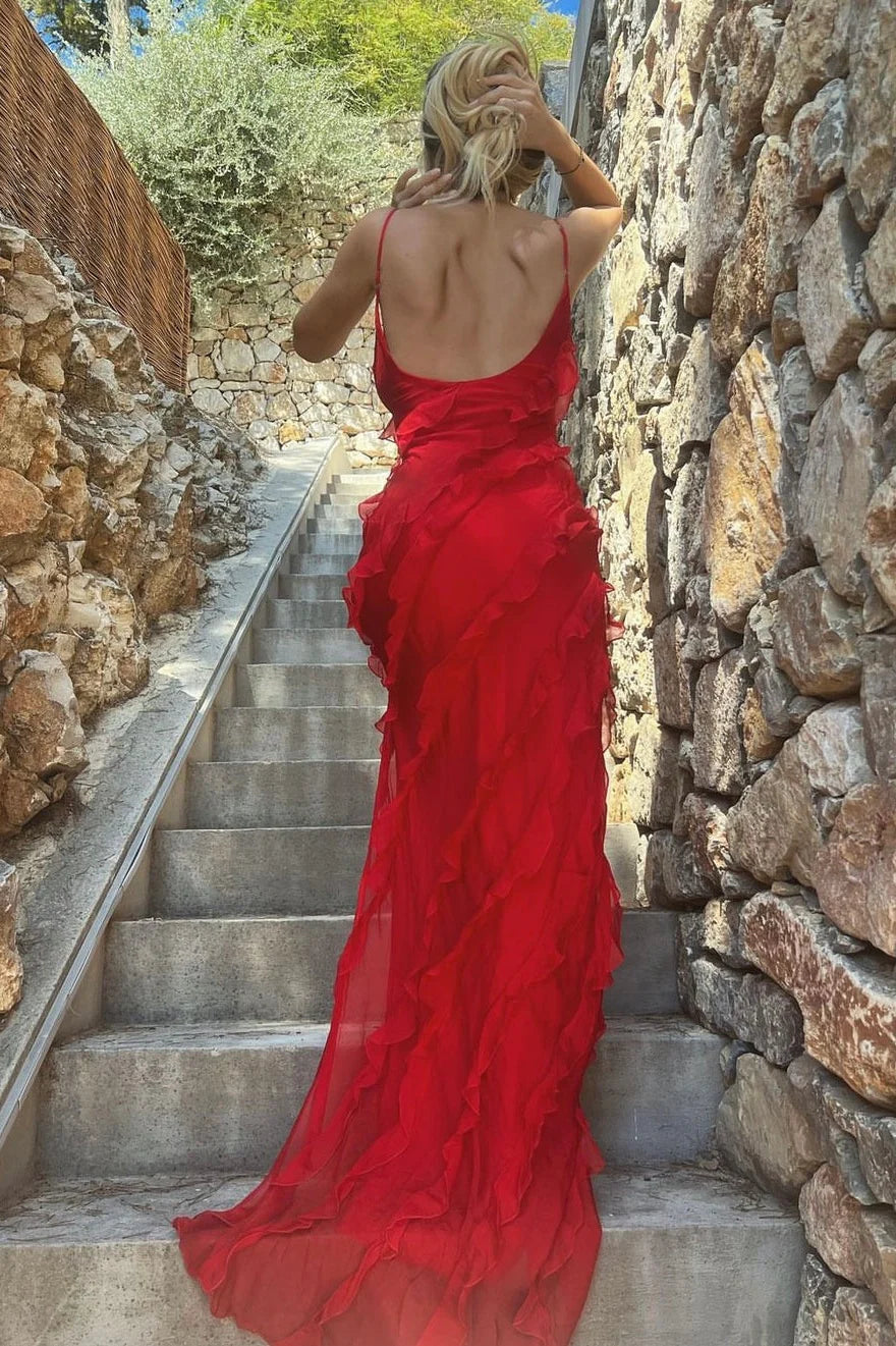 Elegant Sheath Spaghetti Straps Ruffles Low Back Black Long Prom Dress