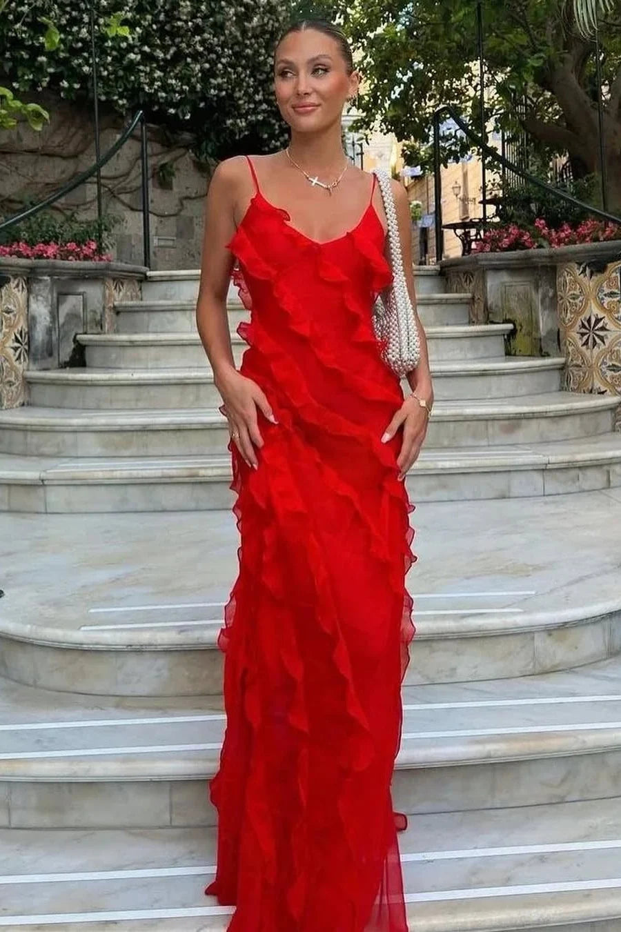 Elegant Sheath Spaghetti Straps Ruffles Low Back Black Long Prom Dress