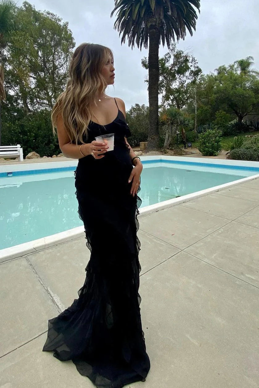 Elegant Sheath Spaghetti Straps Ruffles Low Back Black Long Prom Dress
