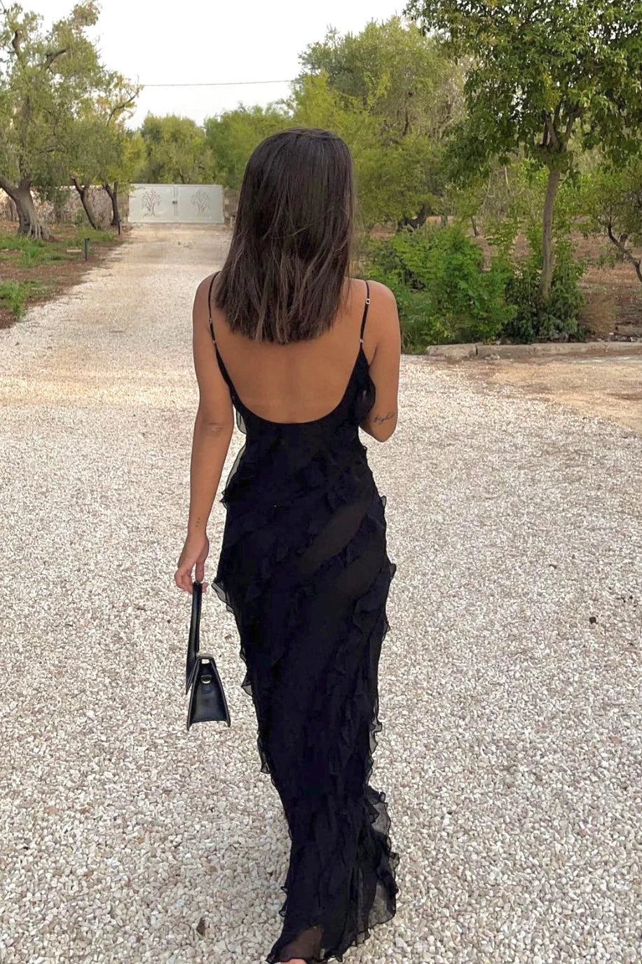 Elegant Sheath Spaghetti Straps Ruffles Low Back Black Long Prom Dress