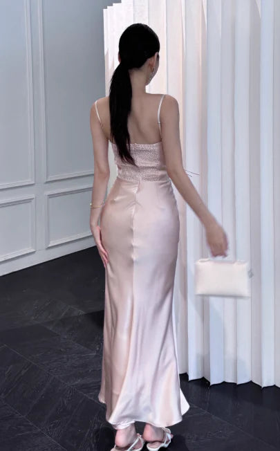 Elegant Sheath Spaghetti Straps Satin Pink Long Formal Evening Dress