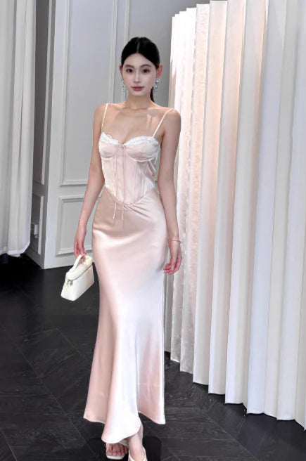 Elegant Sheath Spaghetti Straps Satin Pink Long Formal Evening Dress