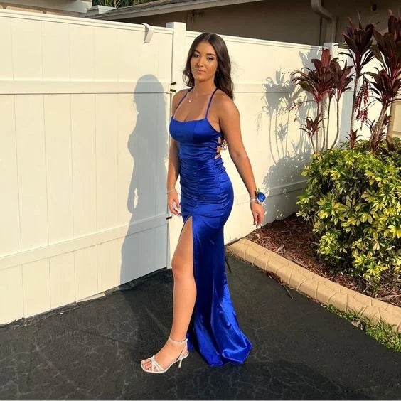 Elegant Sheath Spaghetti Straps Satin Royal Blue Bridesmaid Dress With Slit