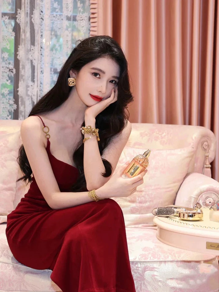 Elegant Sheath Spaghetti Straps Velvet Burgundy Long Evening Dress Party Dress