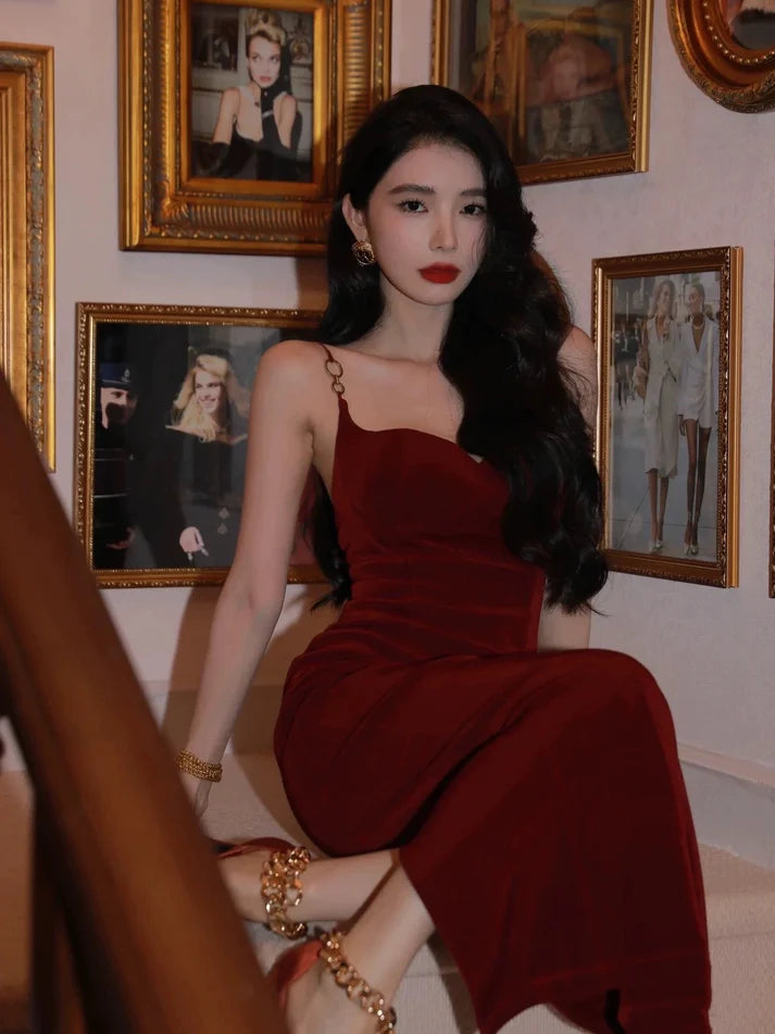 Elegant Sheath Spaghetti Straps Velvet Burgundy Long Evening Dress Party Dress