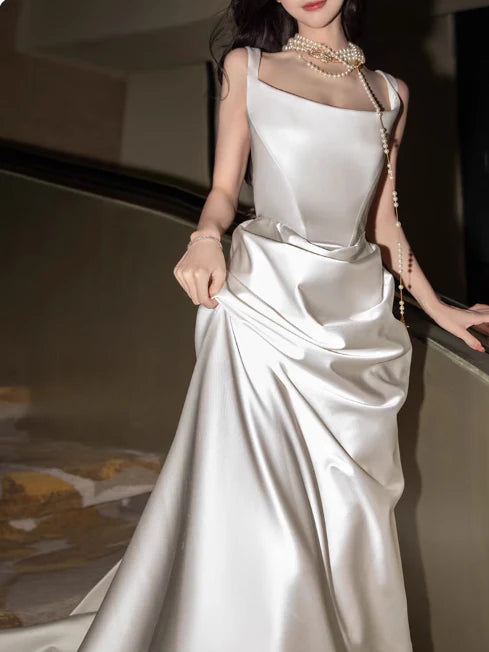 Elegant Sheath Square Neck Satin White Floor Length Evening Dress Prom Dress