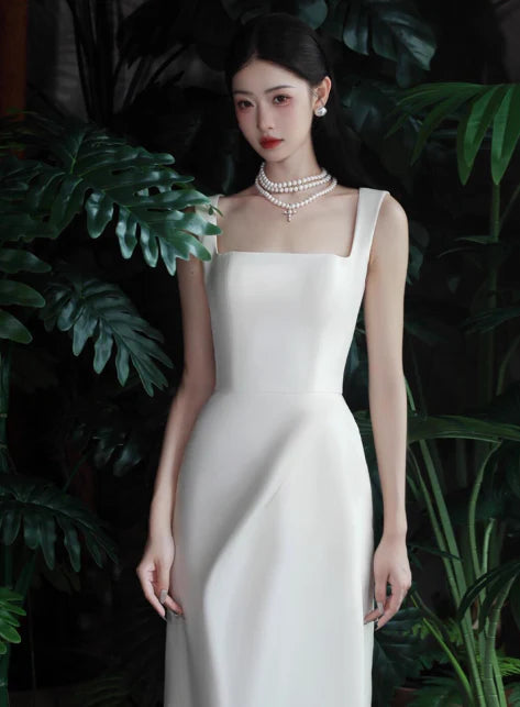 Elegant Sheath Square Neck Satin White Long Evening Dresses With Slit