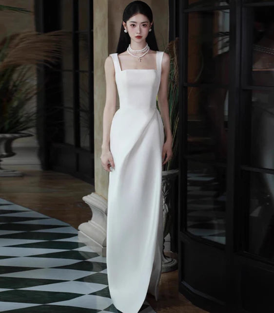 Elegant Sheath Square Neck Satin White Long Evening Dresses With Slit