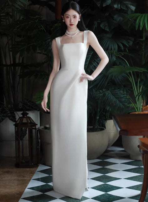 Elegant Sheath Square Neck Satin White Long Evening Dresses With Slit