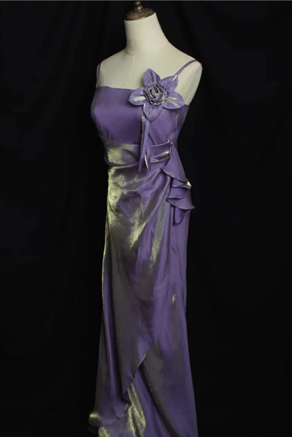 Elegant Sheath Square Neck Sleeveless Floral Accent Shimmer Satin Purple Maxi Evening Dress