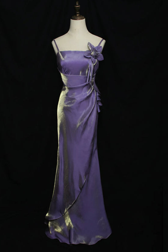 Elegant Sheath Square Neck Sleeveless Floral Accent Shimmer Satin Purple Maxi Evening Dress