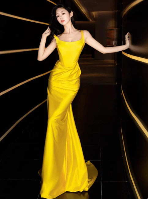 Elegant Sheath Strap Corset Satin Yellow Maxi Prom Dresses Evening Dresses