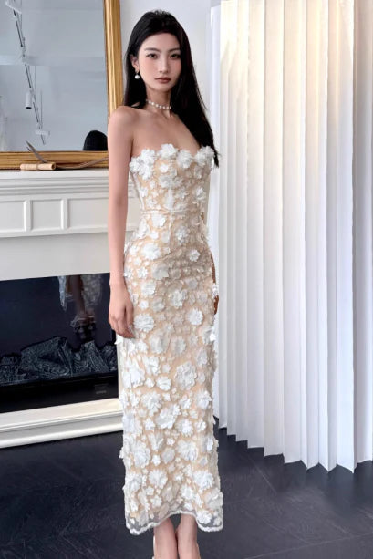 Elegant Sheath Strapless Applique Double Tulle Long Evening Dress