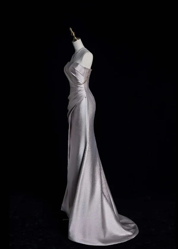 Elegant Sheath Strapless Beaded Satin Long Evening Dresses With Slit