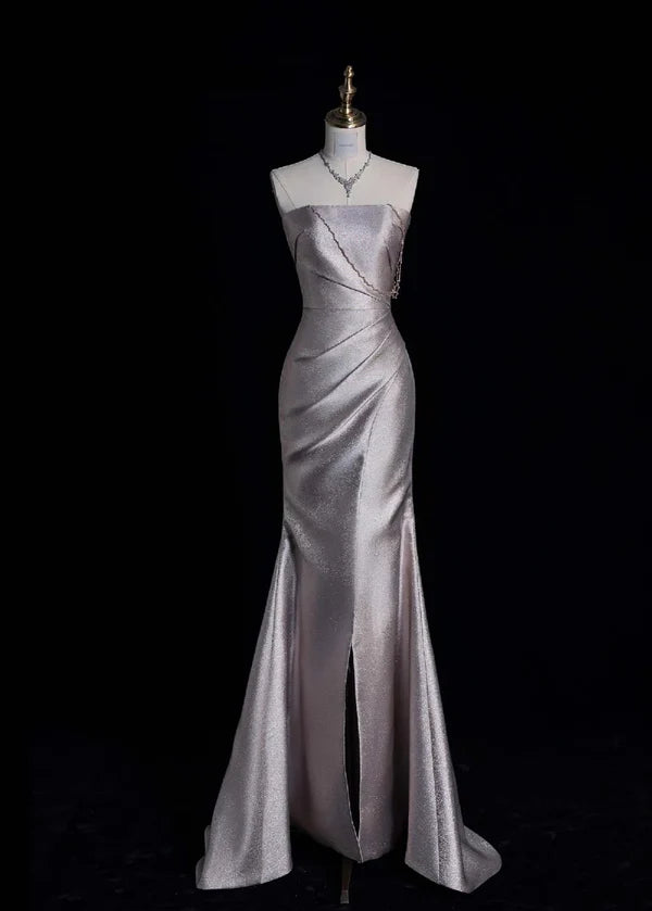 Elegant Sheath Strapless Beaded Satin Long Evening Dresses With Slit