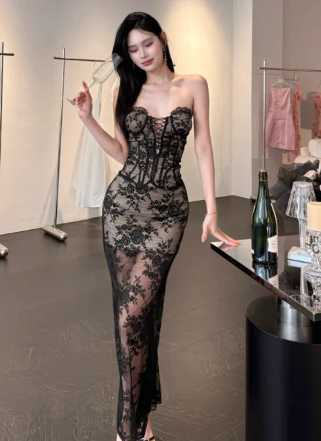 Elegant Sheath Strapless Lace-Up Floral Lace Black Long Evening Dress