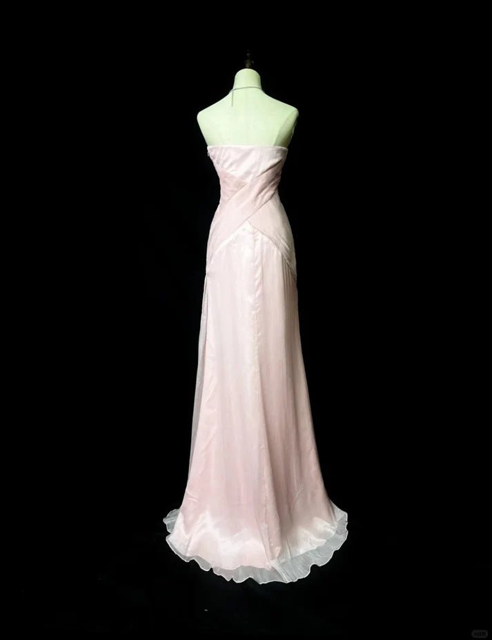 Elegant Sheath Strapless Pleated Chiffon Pink Prom Dress Evening Dress