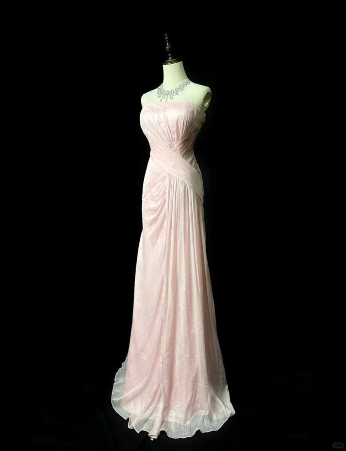 Elegant Sheath Strapless Pleated Chiffon Pink Prom Dress Evening Dress