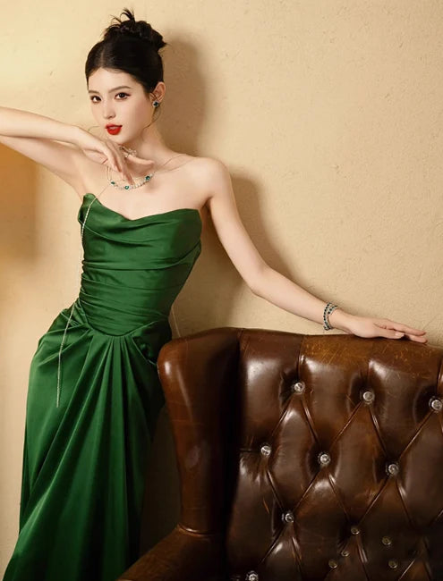 Elegant Sheath Strapless Pleated Satin Dark Green Long Evening Dresses