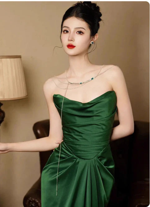 Elegant Sheath Strapless Pleated Satin Dark Green Long Evening Dresses