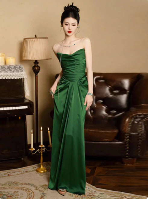 Elegant Sheath Strapless Pleated Satin Dark Green Long Evening Dresses