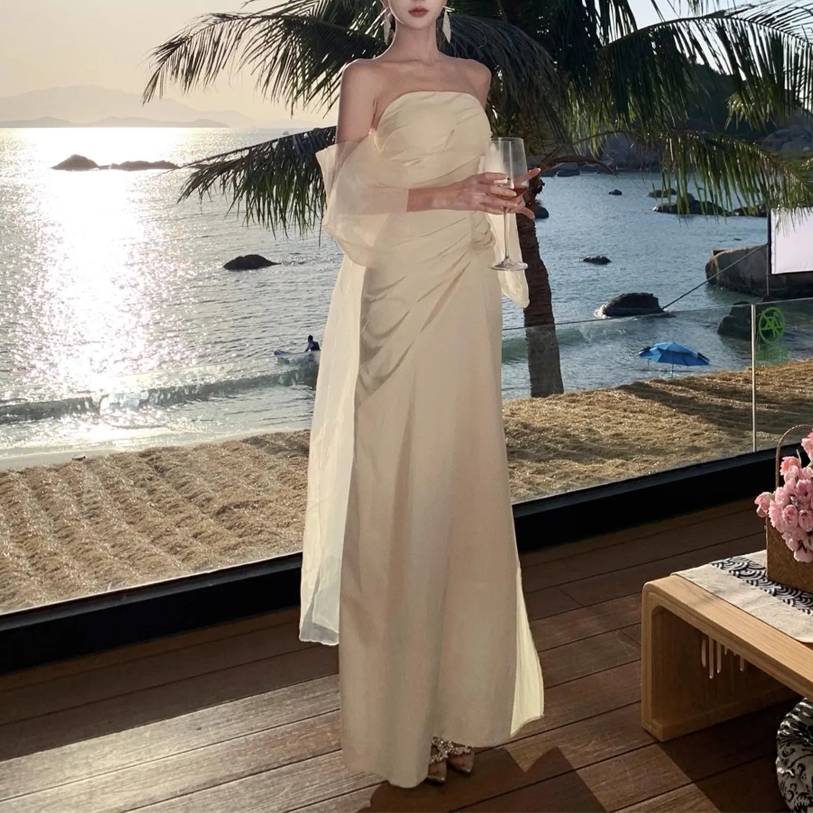 Elegant Sheath Strapless Ruched Champagne Floor Length Prom Dress Hot Sale
