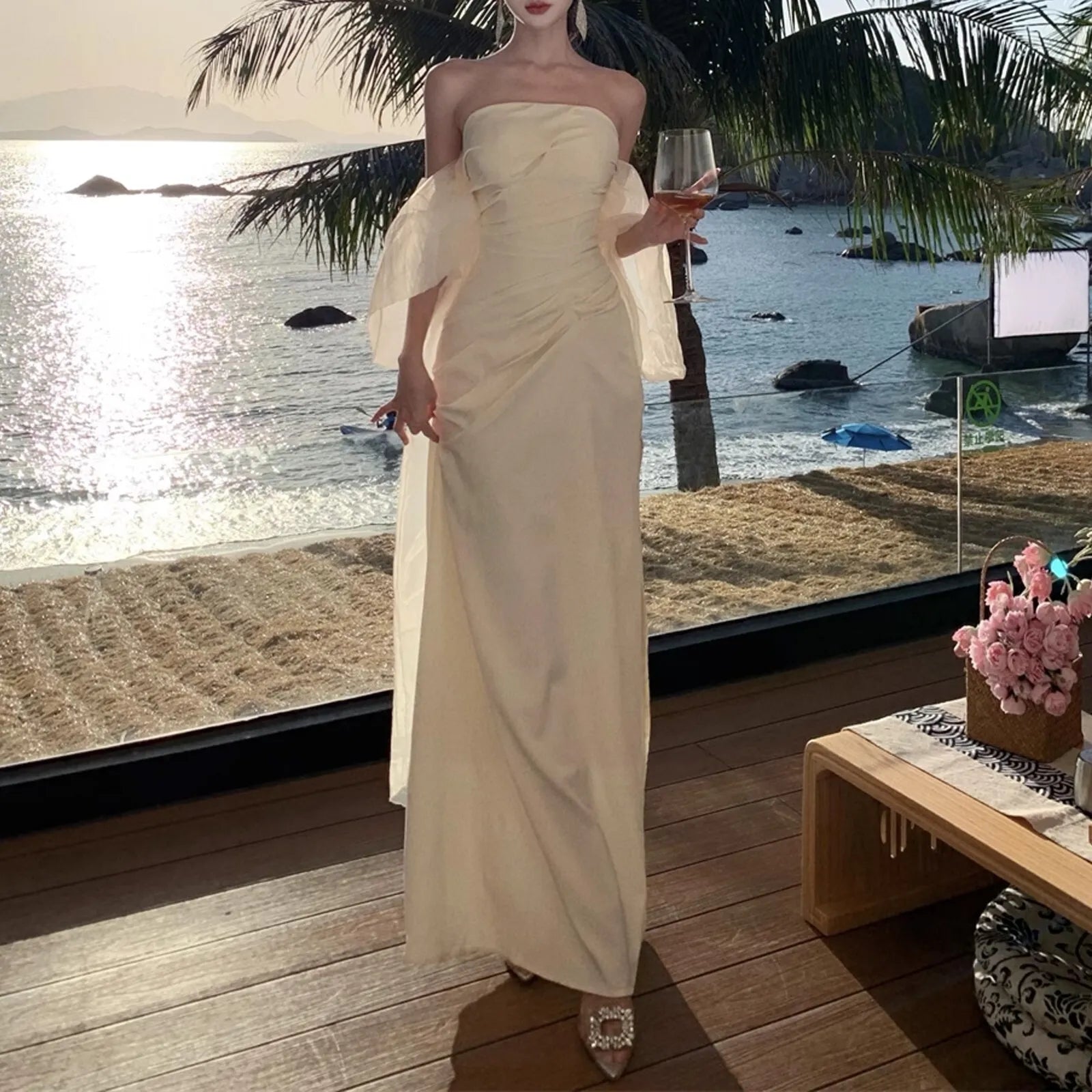 Elegant Sheath Strapless Ruched Champagne Floor Length Prom Dress Hot Sale