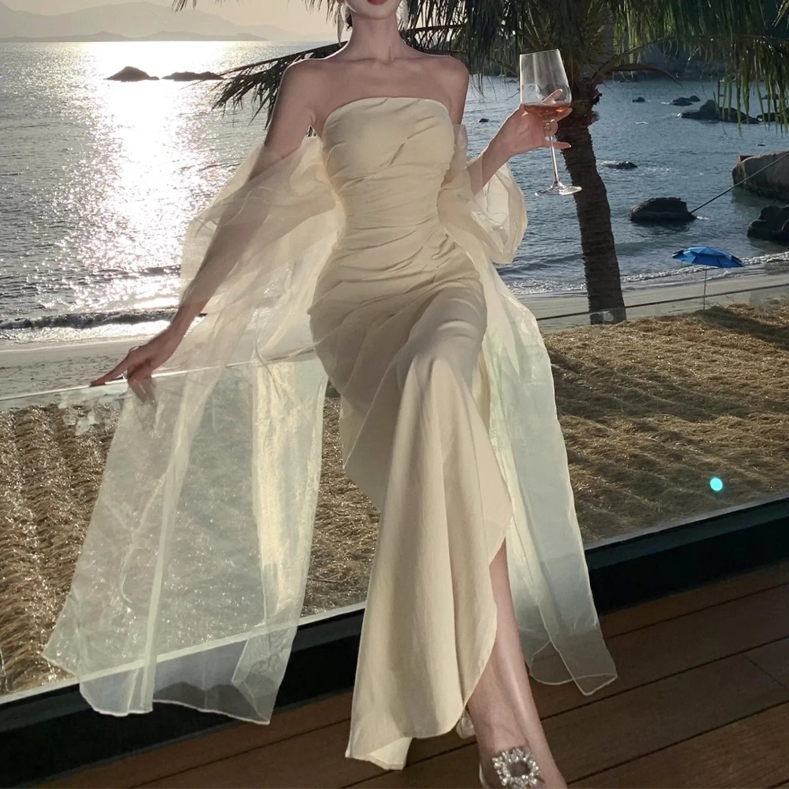 Elegant Sheath Strapless Ruched Champagne Floor Length Prom Dress Hot Sale