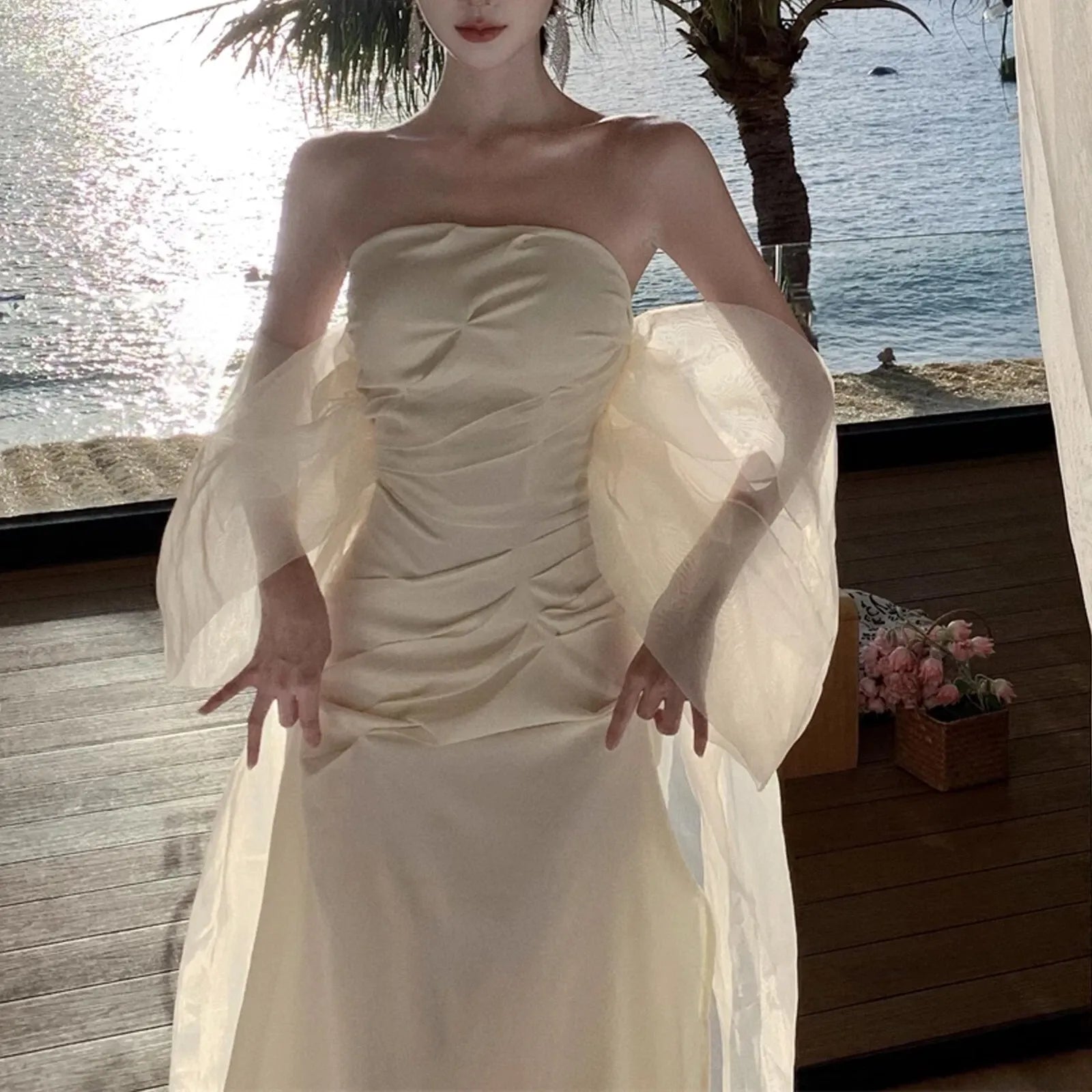 Elegant Sheath Strapless Ruched Champagne Floor Length Prom Dress Hot Sale