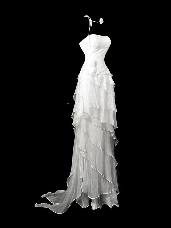 Elegant Sheath Strapless Ruffle Chiffon White Long Prom Dresses Evening Dress