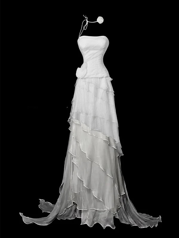 Elegant Sheath Strapless Ruffle Chiffon White Long Prom Dresses Evening Dress